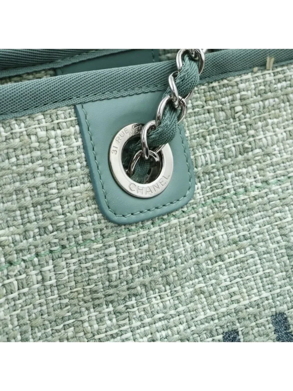 Chanel Deauville MM Jacquard Tweed Silver Chain Tote Shoulder Bag Green